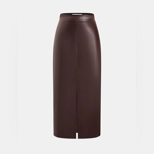 COMMENSE Brown Faux Leather Pencil Skirt with Front Slit - Size XL (US 12)